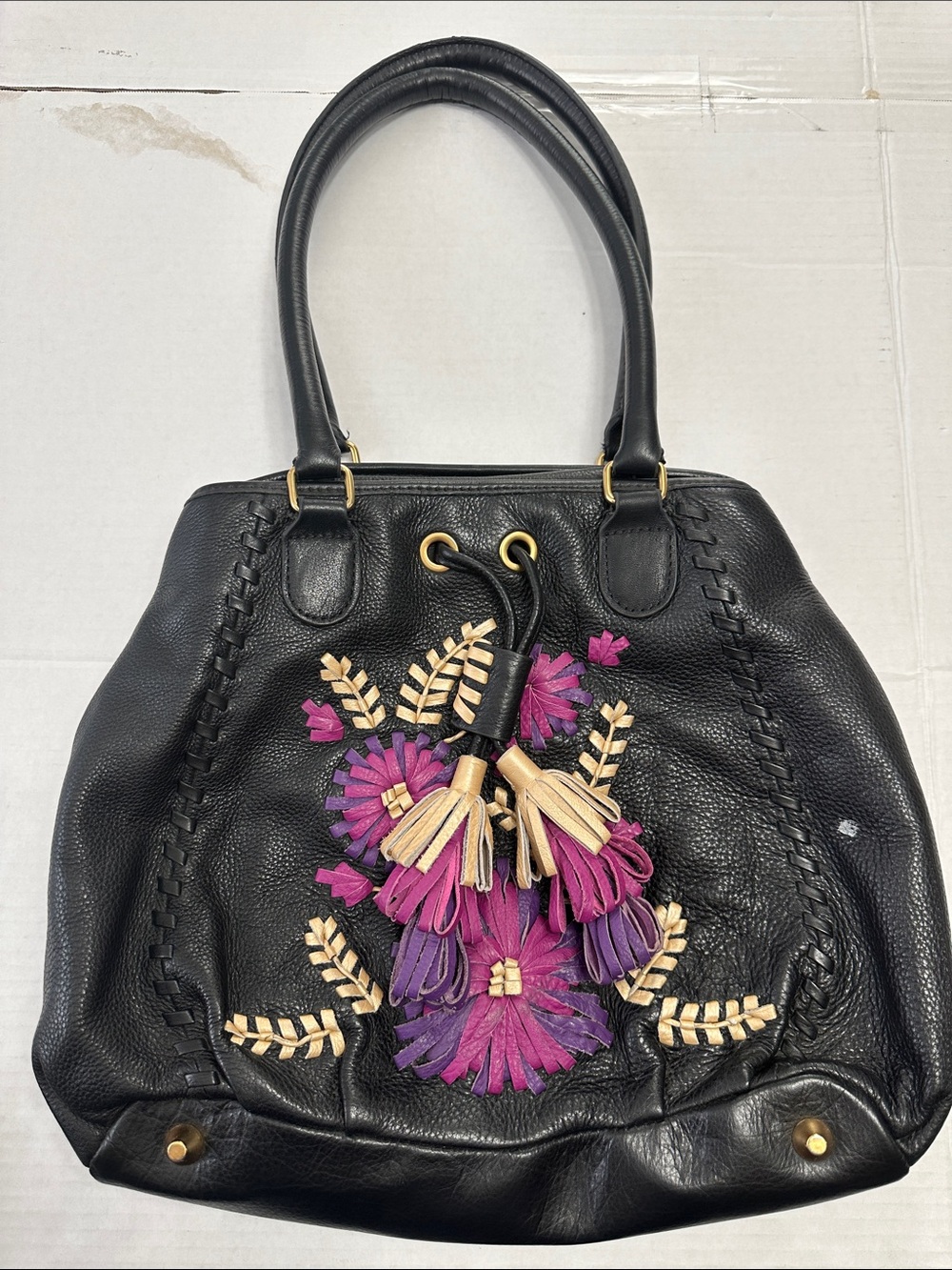 Isabella Fiore Black Leather Purse Floral Embroidered Handbag